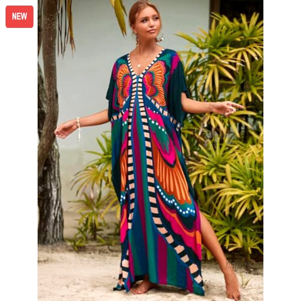 Plus Size Kaftan Maxi Beach Dress Cover Up Flowing Synthetic Silk - Picture 5 of 8
